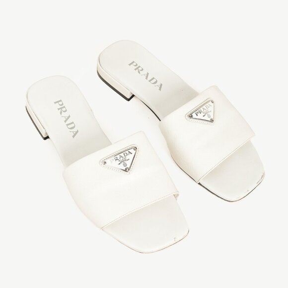 Prada White Saffiano Leather Logo Slide Sandals - Picture 1 of 11